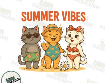Summer Cat PNG, Cute Vacation Vibes Design PNG, Sweet Summer Sublimation, Girly Cat Lover PNG, Beach Shirt Style, Aesthetic Meow Clipart Png