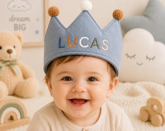 Personalized Linen Birthday Crown, Custom Name Embroidered Baby Crown, First Birthday Party Hat, Kids Cake Smash Keepsake Gift