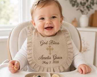 Custom Embroidered Baby Bib, Personalized Name and Baptism Date, God Bless Cross Bib, Christening Keepsake, Baby Dedication Gift