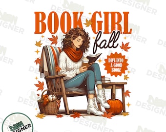 Chica leyendo otoño PNG, linda camiseta retro de lectura otoñal PNG, diseño de sublimación acogedor para amantes de los libros, amante de los libros de otoño de moda PNG, chica leyendo PNG