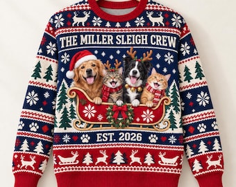 Custom Pet Photo Ugly Christmas Sweater, Personalized Dog Cat Sleigh Crew, Funny Matching Family Sweater, Pet Lover Gift, Holiday Party Wear