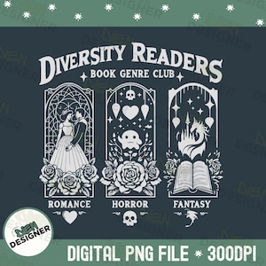 Book Club PNG, Diversity Readers Book Genre Club, Romantasy Book Lover Design, Dark Romance, Fantasy Fiction, Horror Reader PNG, Spicy Books