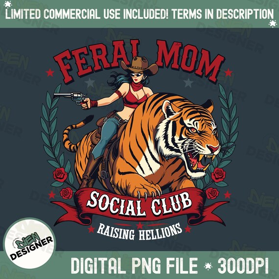 Feral Moms Social Club PNG, Vintage Mom Life Design, Funny Feral Wife Graphic, Trendy Mom Shirt Art, Wild Motherhood Aesthetic PNG