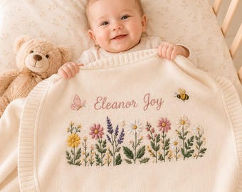 Personalized Floral Baby Blanket, Custom Boho Wildflower Nursery Decor, Embroidered Newborn Baby Girl Gift, Baby Shower Keepsake