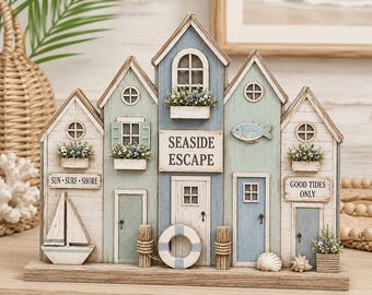 Coastal Wooden Beach House Decor, Nautical Beach Village Wood Block, Seaside Farmhouse Shelf Display, Coastal Cottage Gift, Ocean Lover Gift