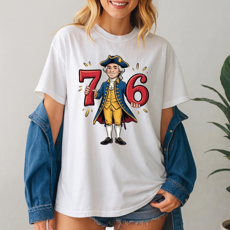May include: White t-shirt with a cartoon illustration of a man in colonial attire holding the numbers 7 and 6. The man wears a blue coat, yellow vest, and tricorn hat. The numbers are red with yellow accents.