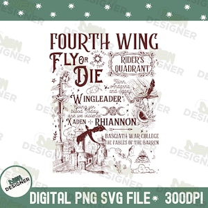 May include: A digital PNG and SVG file with a detailed design. The design includes the text "Fourth Wing Fly or Die", a sword, a dragon, a castle, and an eye. The file is 300 DPI. The design also includes the text "Rider's Quadrant".
