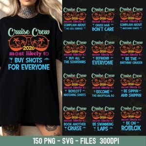 以下が含まれることがあります： 「Cruise Crew 2026」の文字と、クルーズに関するユーモラスなフレーズがプリントされた黒いTシャツ。サングラス、ヤシの木、そして「みんなのためにショットを買う」などのテキストが含まれています。