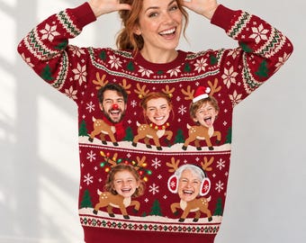 Custom Photo Ugly Christmas Sweater, Funny Family Reindeer Sweatshirt, Personalized Face Christmas Jumper, Family Photo Gifts, Holiday Party