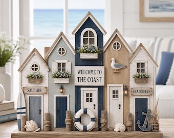 Personalized Coastal Beach House Wooden Block, Beach Cottage Shelf Decor, Nautical Village Display, Ocean Lover Gift, Coastal Home Decor