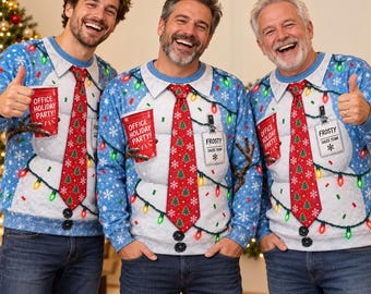 Funny Snowman Ugly Christmas Sweater, Office Holiday Party Sweatshirt, Printed Red Tie Pullover, Men's Gag Gift, Coworker Secret Santa Gifts