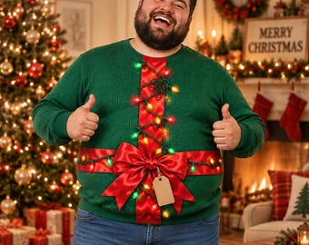 Funny Ugly Christmas Sweater Gift Wrap Belly, Christmas Party Pullover, Holiday Sweater for Men Women, Xmas Gift Outfit, Funny Winter Wear