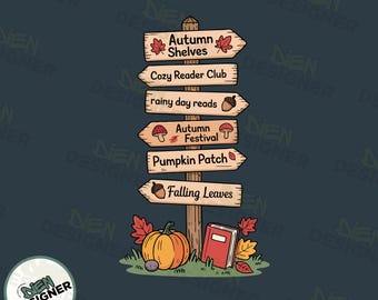 Mysig höstboksig riktningsskylt PNG, söt höstläsningsestetik PNG, mysig Halloween-bokälskare Clipart, höstläsning PNG