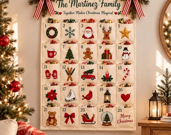Custom Family Name Advent Calendar, 25 Pocket Christmas Countdown Calendar, Personalized Holiday Wall Hanging, Family Christmas Decor