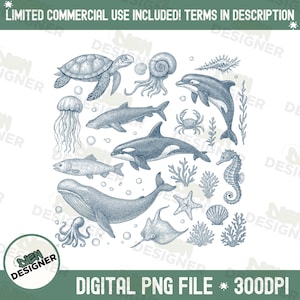May include: A digital PNG file featuring a collection of detailed, blue-toned illustrations of marine life, including a turtle, whale, dolphin, and seahorse. The image includes the text "LIMITED COMMERCIAL USE INCLUDED! TERMS IN DESCRIPTION" and "DIGITAL PNG FILE * 300DPI".
