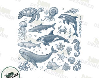 Sea Animals PNG, 90s Y2K Retro Ocean Sublimation PNG, Whale Dolphin Turtle Aesthetic PNG, Orca Sealife Design, Vintage Beach Shirt Png
