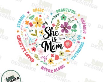 She Is Mom Boho Floral PNG, Christian Motherhood Shirt Design, Faith-Based Bible Verse Sublimation, Religious Mom PNG, Christian Mama PNG