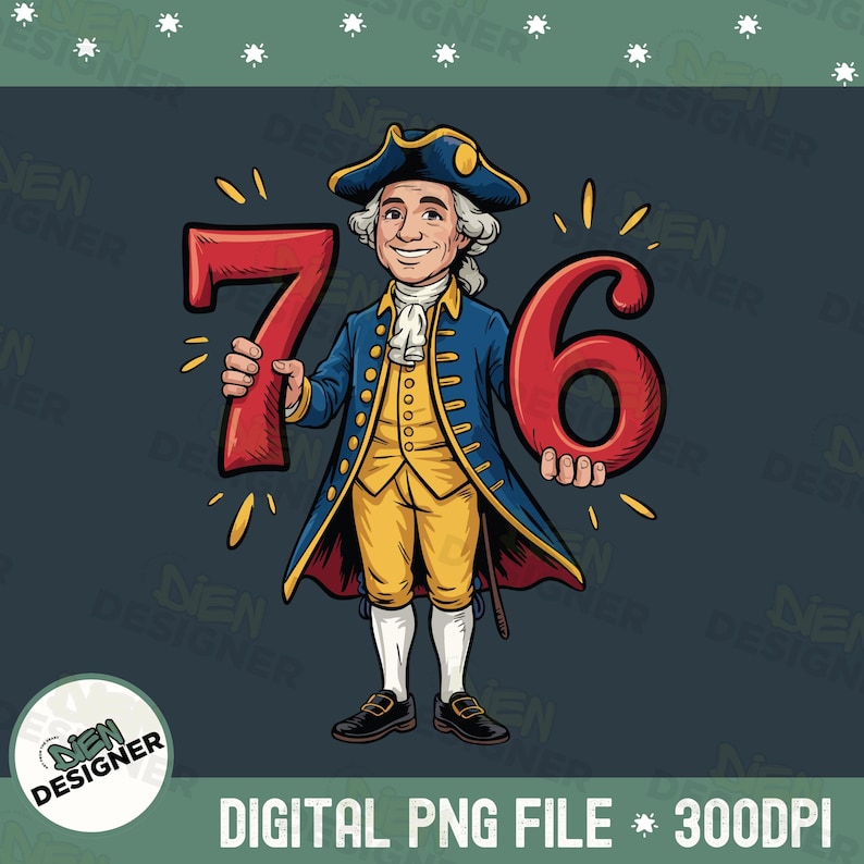 May include: A cartoon illustration of a man in colonial attire holding the numbers 7 and 6. The man wears a blue coat, yellow vest and breeches, and a tricorn hat. The image includes the text "DIGITAL PNG FILE * 300DPI".
