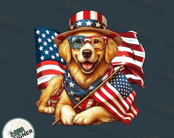 Patriotyczny pies PNG, 4 lipca projekt sublimacji golden retrievera, amerykańska flaga pies clipart PNG, koszulka z okazji Dnia Niepodległości PNG