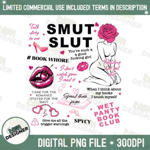 Może przedstawiać: Cyfrowy plik PNG z różnymi elementami graficznymi. Zawiera tekst "SMUT SLUT", "# BOOK WHORE" i "WET PANTY BOOK CLUB". Zawiera ilustracje ust, szpilki i kobiety z różą.