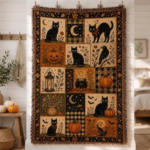 Personalized Halloween Woven Blanket, Black Cat Pumpkin Ghost Throw, Vintage Witchy Patchwork Blanket, Cozy Spooky Fall Decor