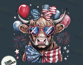 Vaca de las Tierras Altas Occidentales PNG, Bandera Patriótica de EE. UU. Sublimación PNG, Diseño Campestre del 4 de Julio, Vaquera Libertad PNG, Granja Americana PNG