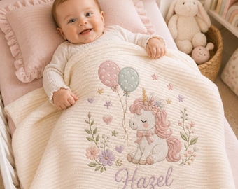 Personalized Unicorn Baby Blanket, Custom Name Knit Throw, Floral Cat Nursery Decor, Baby Girl Newborn Gift, Baby Shower Keepsake