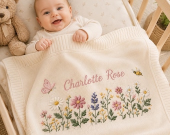 Personalized Floral Embroidered Baby Blanket , Custom Name Boho Floral Baby Girl Gift, Newborn Keepsake, Baby Shower Present