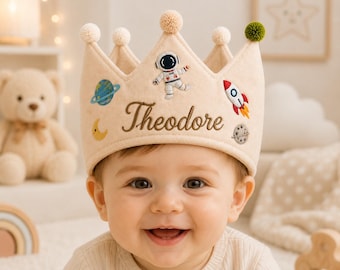 Personalized Space Birthday Crown, Custom Name Embroidered Baby Boy Party Hat, Handmade Astronaut Rocket Crown, First Birthday Keepsake Gift