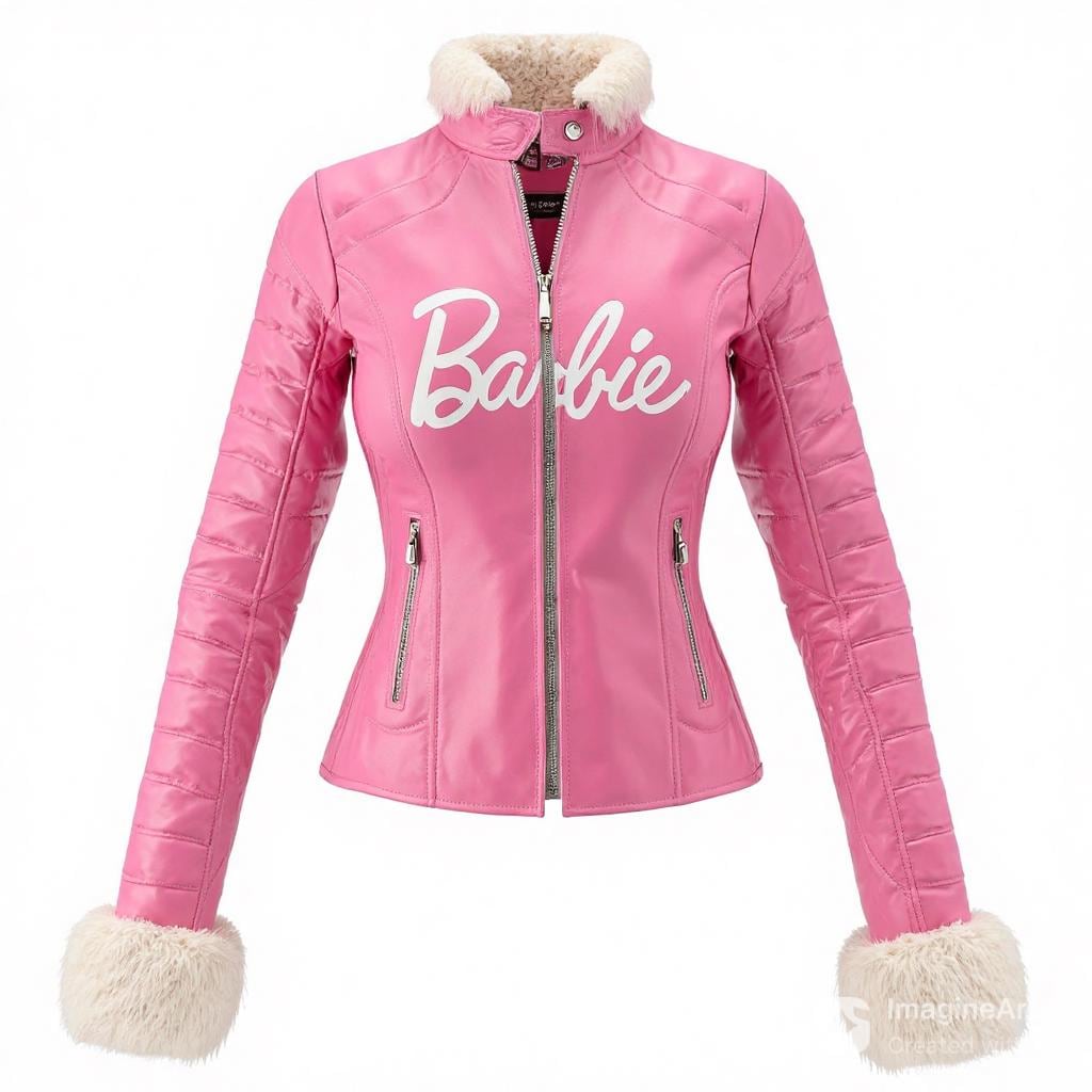 Barbie Pink Leather Jacket Women's Sheep Fur Winter Coat Zip Biker