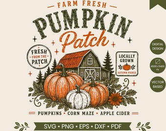 Campo di zucche SVG PNG, Campo di zucche fresche di fattoria, Zucca autunnale vintage SVG, Design per maglietta stile fattoria autunnale, File di taglio per la raccolta delle zucche