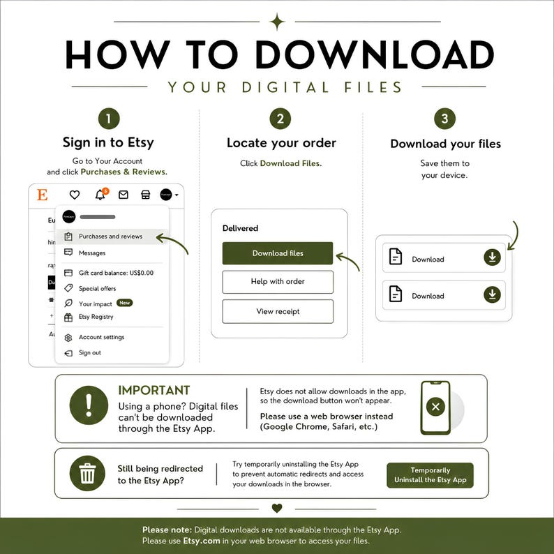 May include: An instructional graphic titled HOW TO DOWNLOAD YOUR DIGITAL FILES. It outlines three steps: sign in to Etsy, locate your order, and download your files. It includes an important note that digital files cannot be downloaded via the Etsy app.