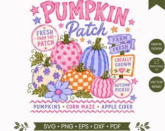 Campo di zucche SVG PNG, Zucca autunnale SVG, Appena raccolto, Design per maglietta autunnale fresco di fattoria, Design di zucca carino e colorato