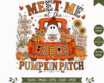 Incontriamoci al campo di zucche SVG PNG, Fantasmino autunnale carino SVG, Design di Halloween al campo di zucche, Design retrò per maglietta autunnale