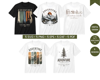 Pacchetto SVG PNG "L'avventura ti aspetta", design vintage di avventura in montagna, grafica per maglietta da escursionismo "Esplora di più", campeggio all'aperto, natura SVG