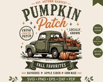 Campo di zucche SVG PNG, camioncino autunnale vintage con zucche, raccolto autunnale SVG, design per maglietta con zucca autunnali