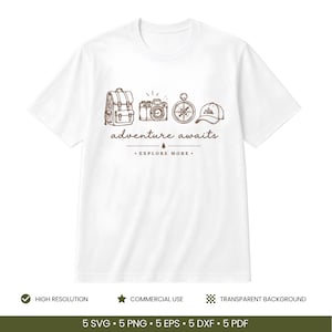 May include: A white short-sleeved t-shirt featuring a brown line-art graphic of a backpack, camera, compass, and baseball cap. Below the icons, the text reads "adventure awaits" followed by a small tree icon and the text "EXPLORE MORE."