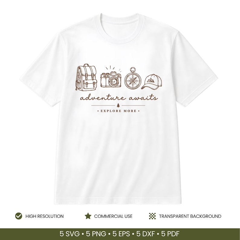 May include: A white short-sleeved t-shirt featuring a brown line-art graphic of a backpack, camera, compass, and baseball cap. Below the icons, the text reads "adventure awaits" followed by a small tree icon and the text "EXPLORE MORE."