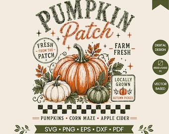 Campo di zucche SVG PNG, Zucca vintage SVG, Design per maglietta autunnale con zucca, Autunno fresco di fattoria svg, Design per sublimazione del Ringraziamento
