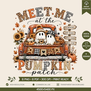 May include: A digital graphic featuring an orange pickup truck filled with pumpkins and two ghosts, one wearing a beanie and one a plaid hat. The text reads MEET ME at the PUMPKIN patch, with a signpost listing PUMPKINS, HAY RIDES, APPLE CIDER, FALL FUN.