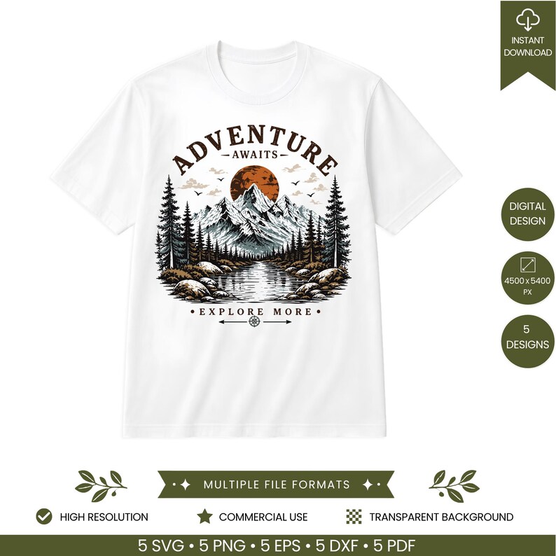 May include: A white t-shirt featuring a graphic illustration of a mountain range, a forest, and a lake under a large orange sun. The text ADVENTURE AWAITS is arched above the mountains, and EXPLORE MORE is printed below the lake with a compass icon.