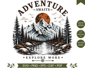 L'avventura ti aspetta SVG PNG, Esplora di più la montagna SVG, Design vintage per avventure all'aria aperta, Grafica per maglietta da escursionismo e campeggio
