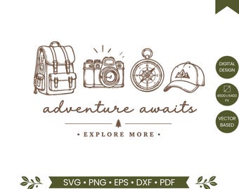 L'avventura ti aspetta SVG PNG, Esplora di più Campeggio SVG, Design per maglietta avventura all'aperto, Escursionismo Viaggi Campeggio png