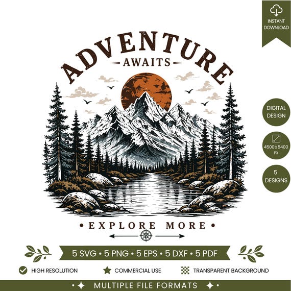 Adventure Awaits SVG PNG Bundle, Vintage Mountain Adventure Design, Explore More Hiking Shirt Graphic, Outdoor Camping Nature SVG