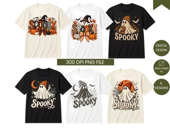 Pacchetto PNG spettrale di Halloween, PNG di fantasmi carini, design retrò per magliette di Halloween, PNG di cappelli da strega a forma di zucca, sublimazione vintage spettrale
