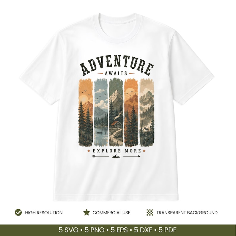 May include: A white short-sleeve t-shirt featuring a graphic print of five vertical panels depicting mountain landscapes, pine forests, a cabin, and a lake. The text ADVENTURE AWAITS is printed above the panels, and EXPLORE MORE is printed below.