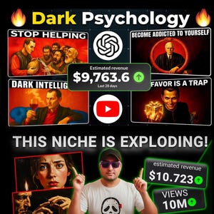 May include: A digital graphic featuring the text UNTAPPED NICHE, Dark Psychology, and THIS NICHE IS EXPLODING. It displays profit figures of $15,231 and $9,763.6, alongside images of a laughing person, a person in a mask, and various dark illustrations.