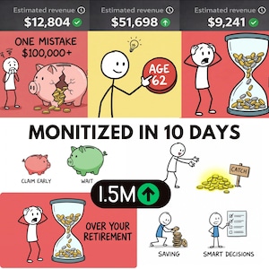 Może przedstawiać: Infografika z postaciami z kresek oraz ilustracjami świnek skarbonek, klepsydr i monet. Tekst zawiera 'Estimated revenue', 'ONE MISTAKE $100,000+', 'AGE 62', 'MONITIZED IN 10 DAYS', 'CLAIM EARLY', 'WAIT', 'CATCH', '1.5M', 'OVER YOUR RETIREMENT', 'SAVING' oraz 'SMART DECISIONS'.