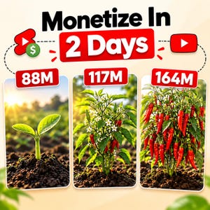 以下が含まれることがあります： 「Monetize In 2 Days」というテキスト、YouTubeアイコン、植物の成長段階を示す3つのパネル（苗、花が咲いた唐辛子の木、赤い唐辛子が実った成熟した木）で構成された画像。各パネルには88M、117M、164Mというラベルが付いています。