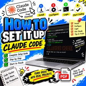 Puede incluir: Un gráfico instructivo para la configuración de Claude Code con una computadora portátil que muestra texto de interfaz de línea de comandos. Incluye pasos numerados, una lista de verificación en nota adhesiva amarilla y un icono de PDF.